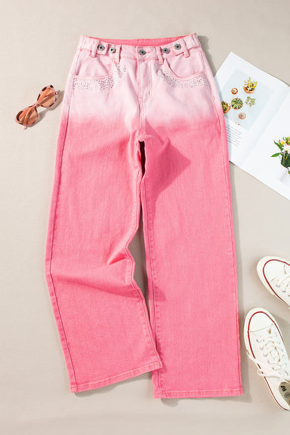 Pink Scattering Rhinestone Gradient Straight Jeans