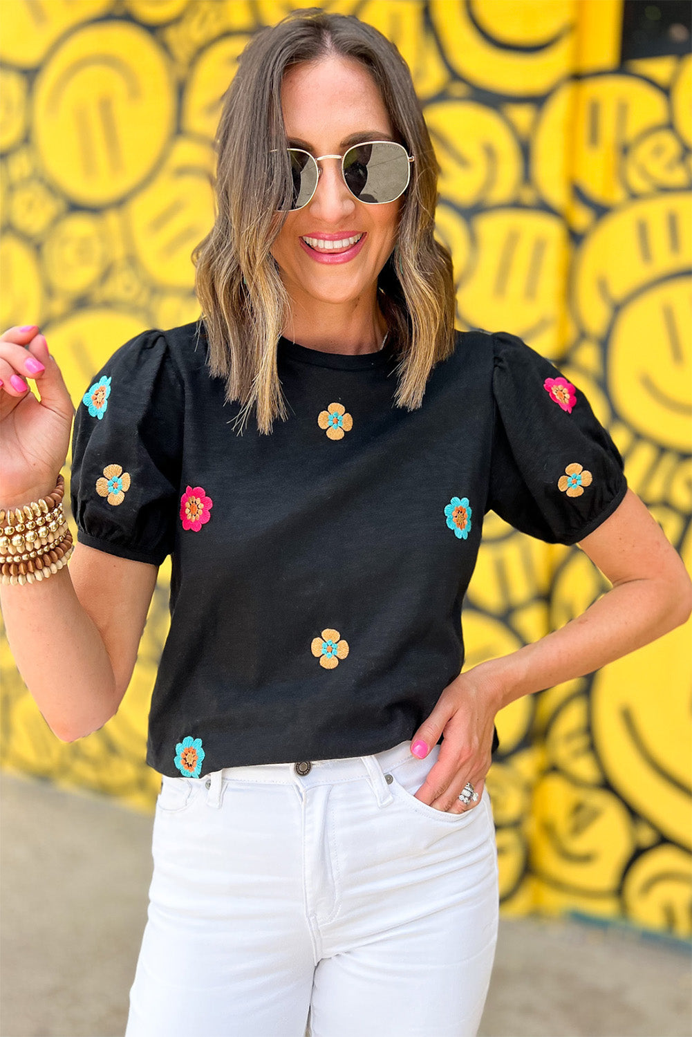 Black Embroidered 60s Flower Short Puff Sleeve Tee