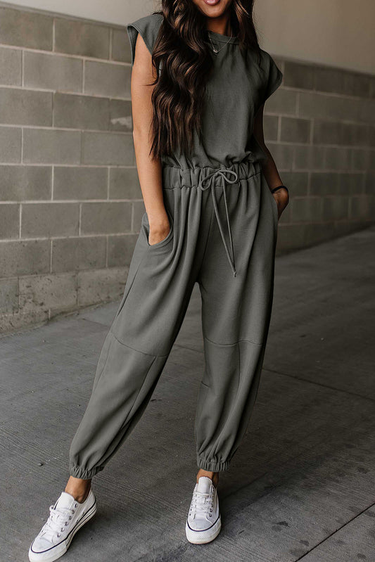 Light Beige Cap Sleeve Backless Drawstring Jogger Jumpsuit