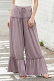 Khaki Frill Detail Drawstring High Waist Wide Leg Pants