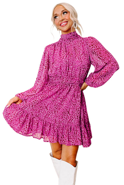 Rose Leopard Puff Sleeve High Neck Ruffle Mini Dress