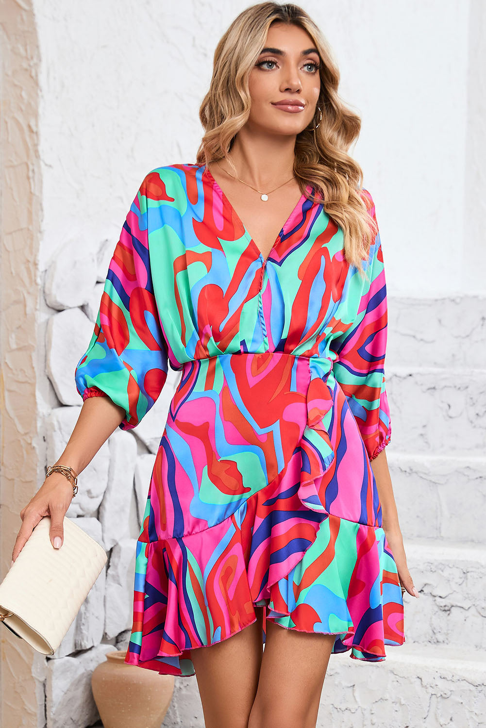 Wholesale Multicolor Abstract Printed V Neck Dolman Sleeve Ruffle Wrap Dress