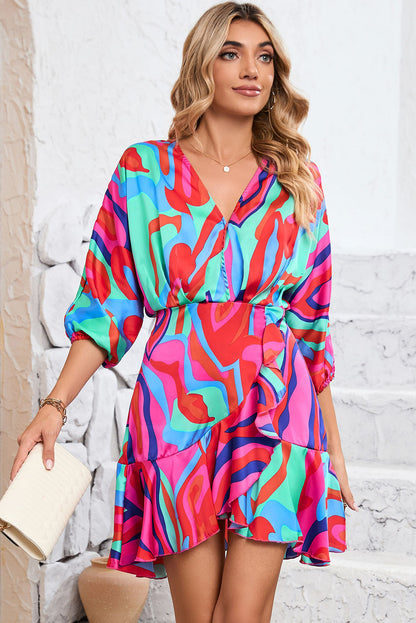 Wholesale Multicolor Abstract Printed V Neck Dolman Sleeve Ruffle Wrap Dress