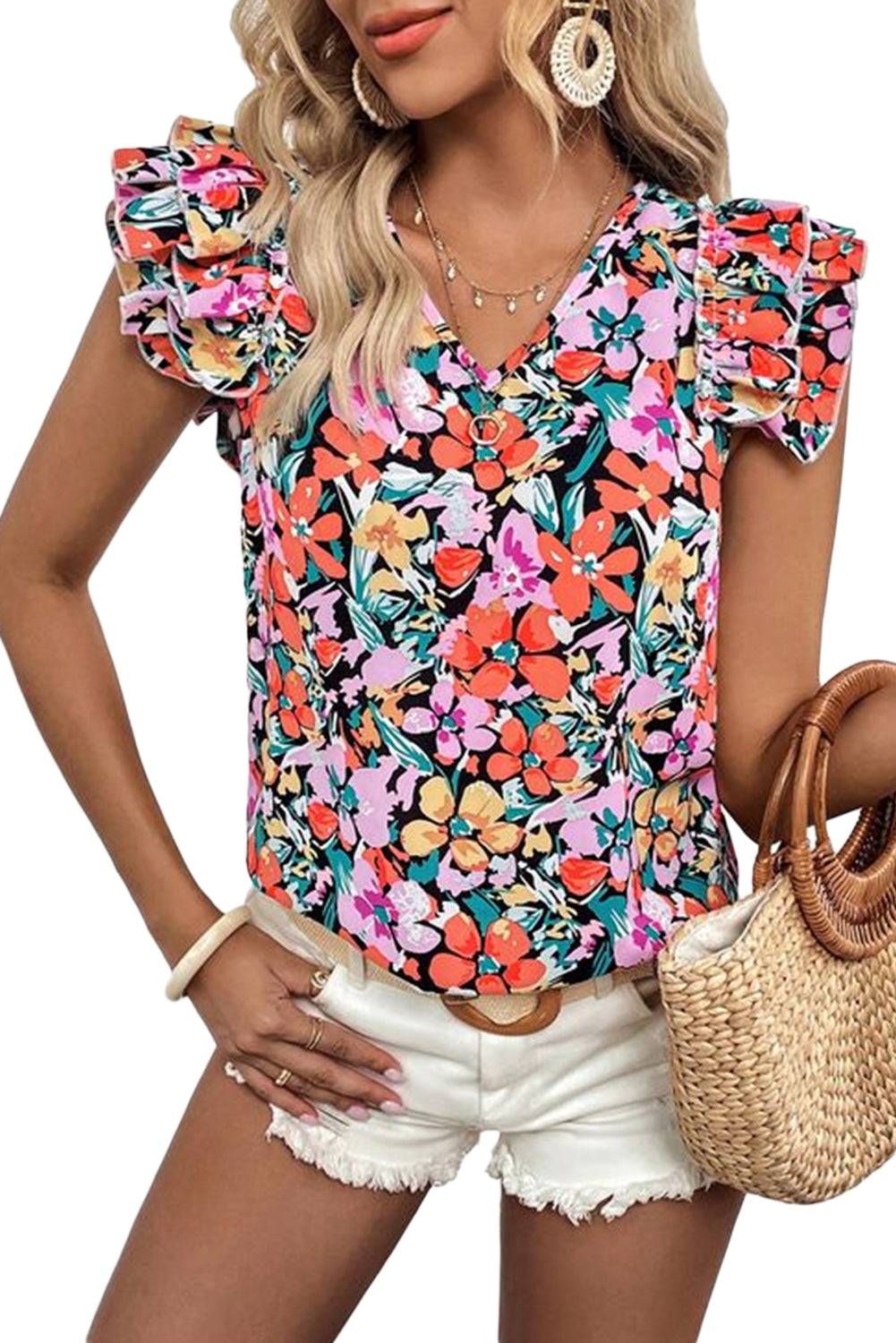 Multicolour Boho Floral Print Ruffle Blouse