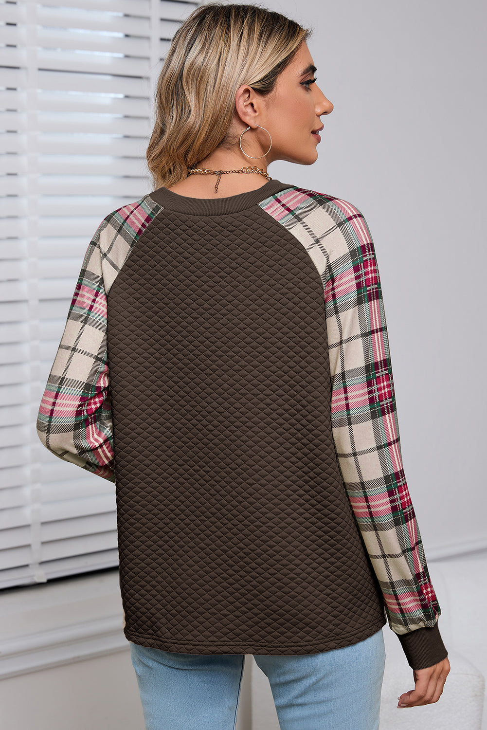 Brown Plaid Print Waffle Quilted Raglan Sleeve Sweatshirt