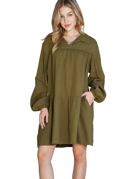 Solid Color Gauze Collared Casual Swing Long Sleeve Dress