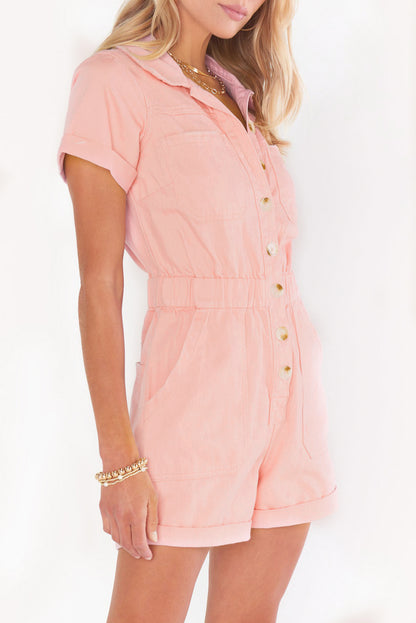 Pink Button Up Short Sleeve Denim Romper with Pockets