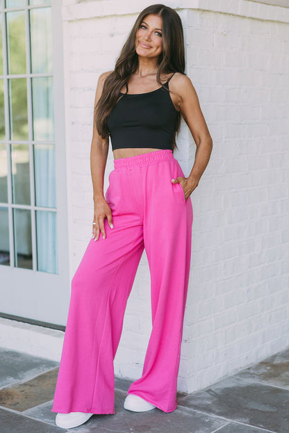 Rose Elastic High Waisted Wide Leg Sweatpants with Pockets