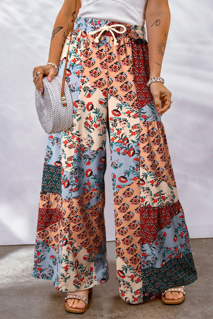 Yellow Boho Ethnic Print Drawstring Wide Leg Pants