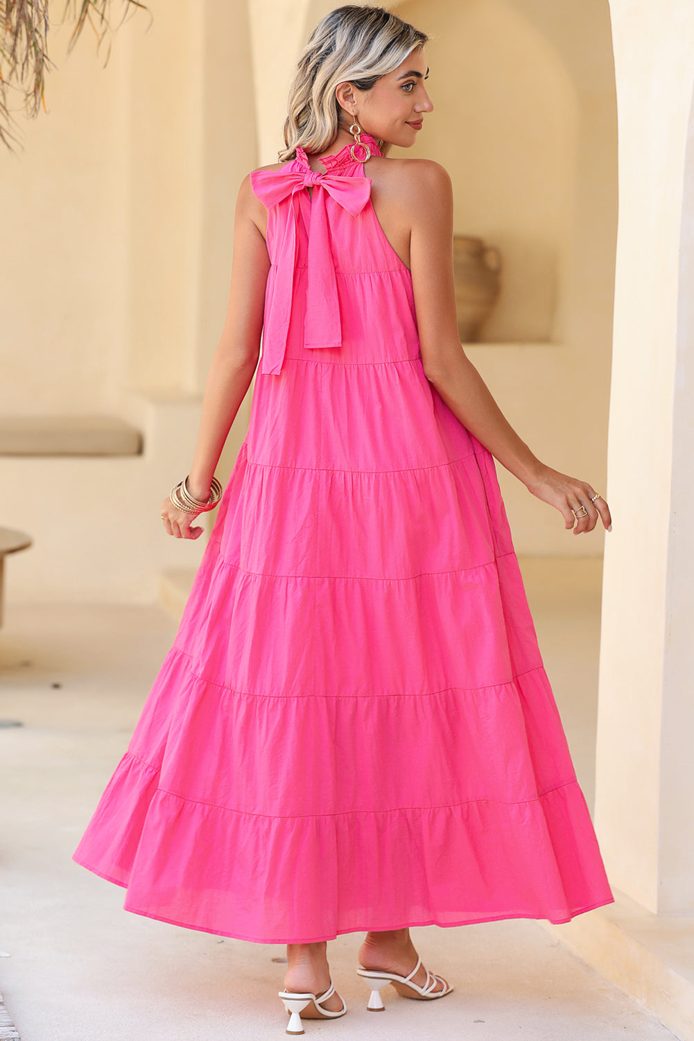 Rose Red Knotted Frill Neck Tiered Flared Maxi Dress