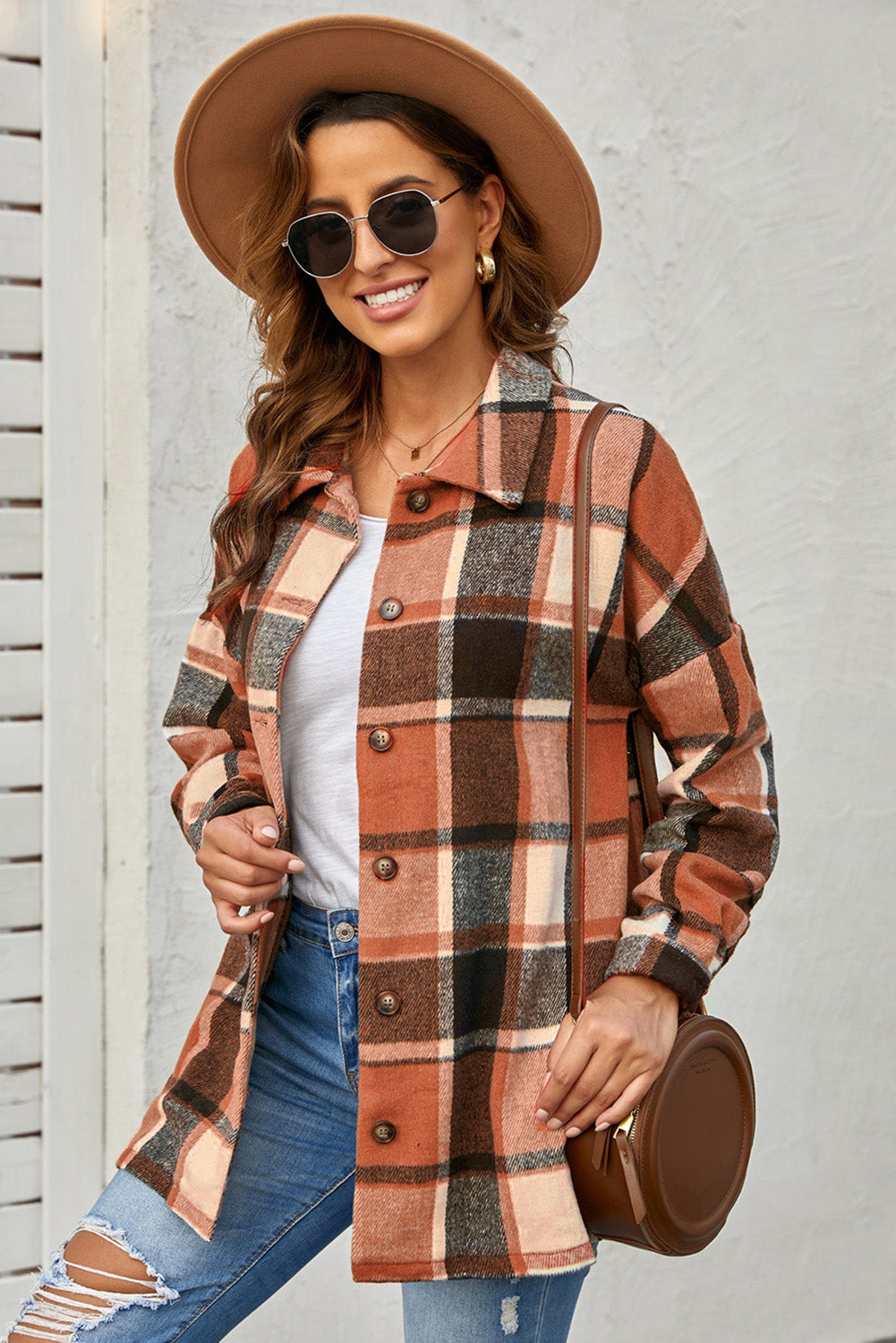 Wholesale Brown Plaid Button Up Long Sleeve Flannel Shacket