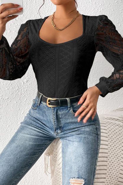 Black Eyelet Contrast Lace Bishop Sleeve Bodysuit