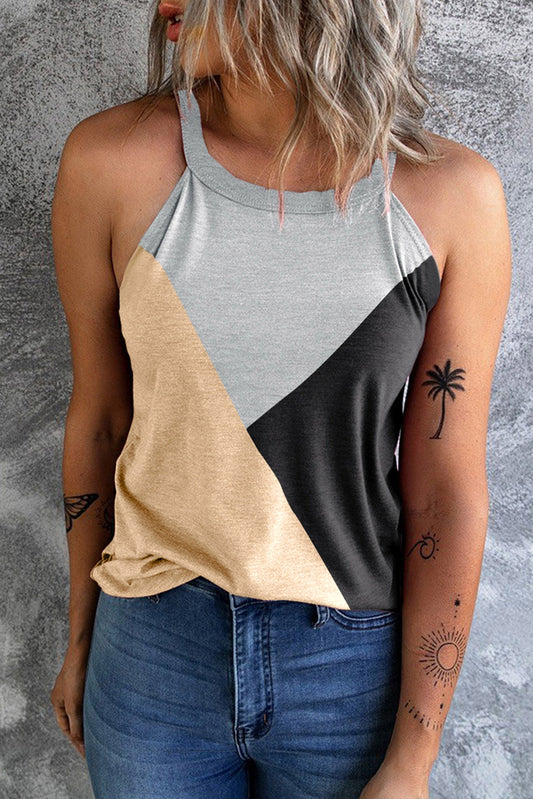 Light Beige Color Block Crewneck Tank Top