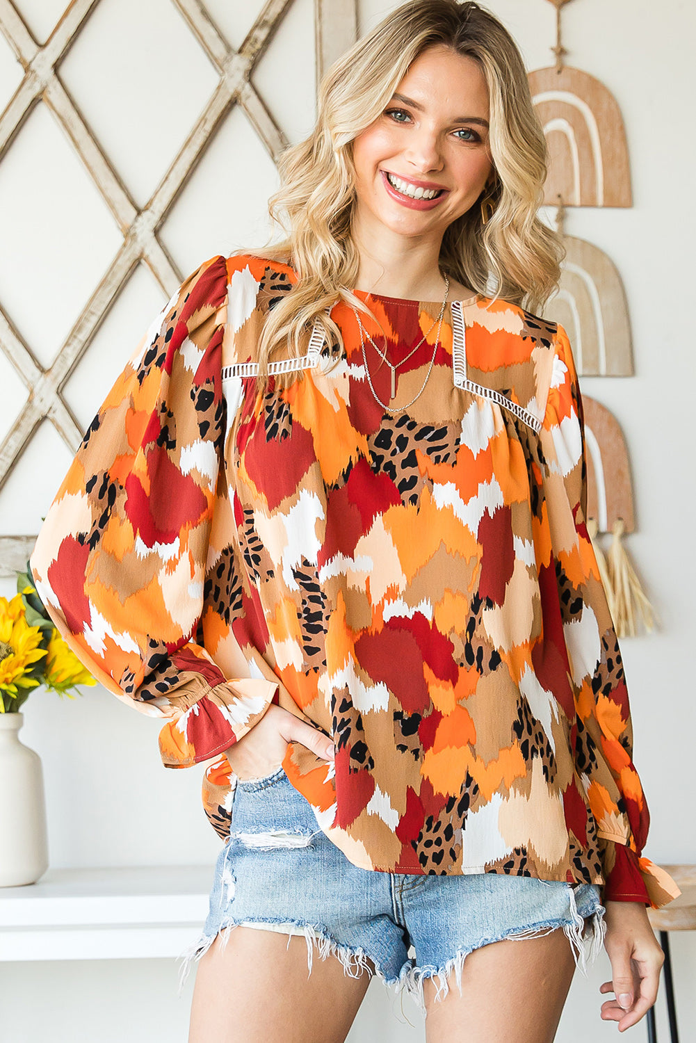 Multicolor Abstract Print Boho Frill Long Sleeve Blouse