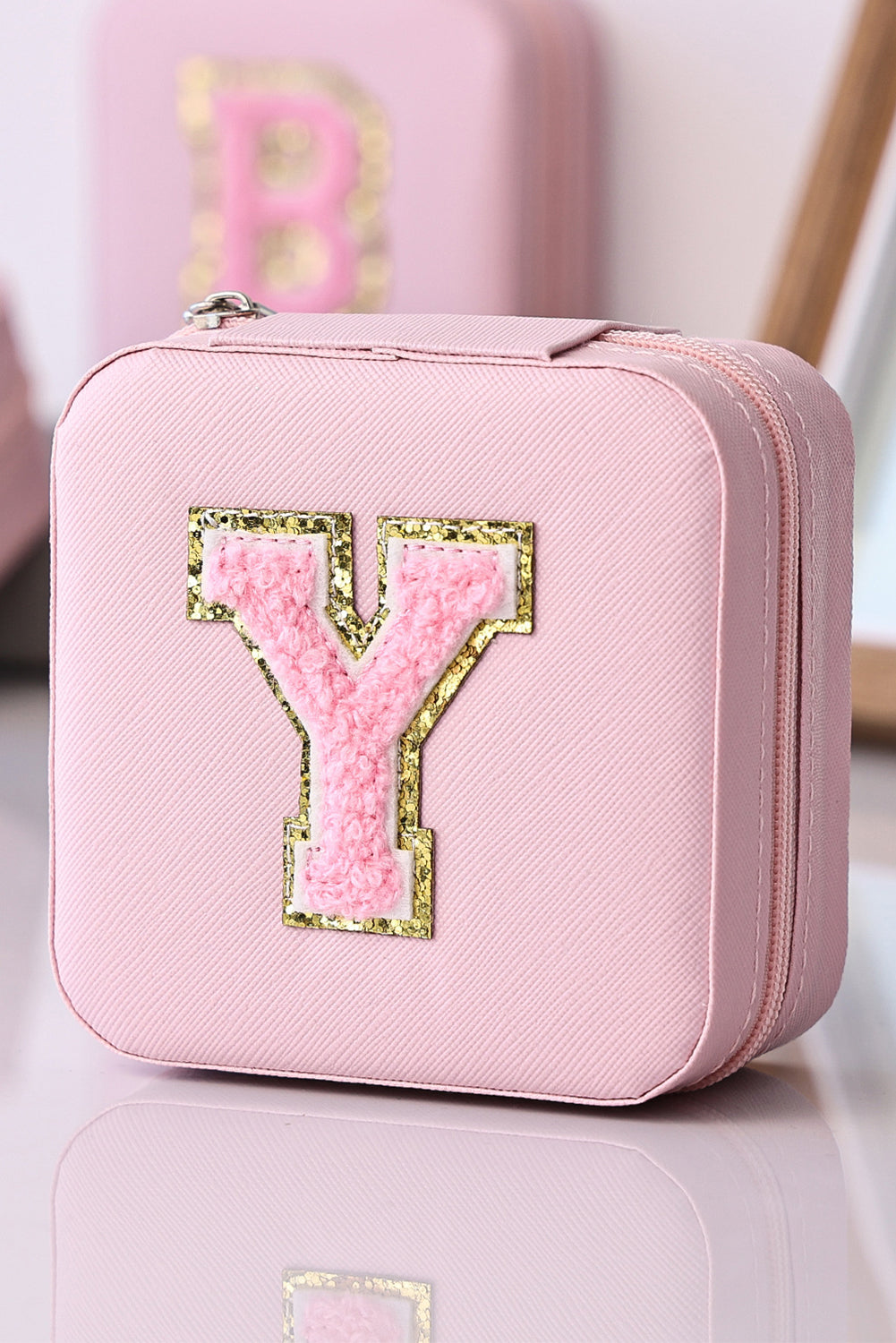 Pink chenille jewelry case with Y letter patch, square shape, jewelry organizer, IOPCCLOTHING