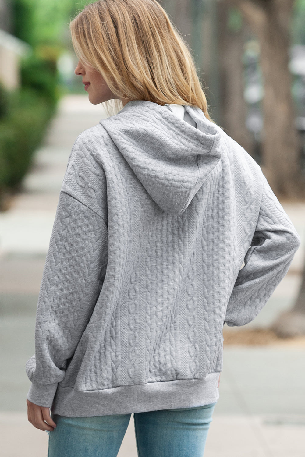 Gray Cable Textured Casual Drawstring Hoodie