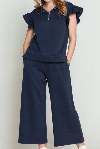 Navy Blue Textured Ruffle Cap Sleeve Top And Wide Leg Pants Set