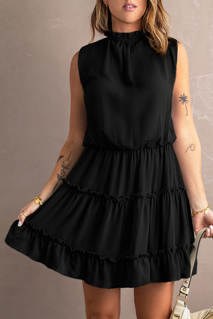 Black Reversible Frill V Neck Sleeveless Swing Mini Dress