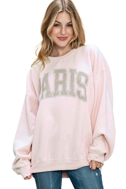 Pink PARIS Letter Print Drop Shoulder Oversized Sweatshirt