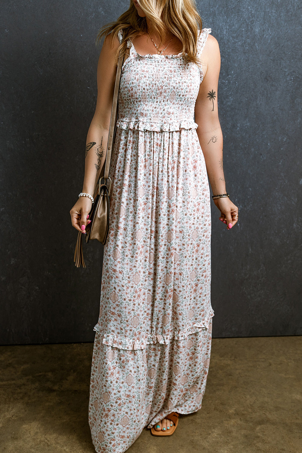 White Floral Print Lace Frilly Straps Shirred Maxi Dress