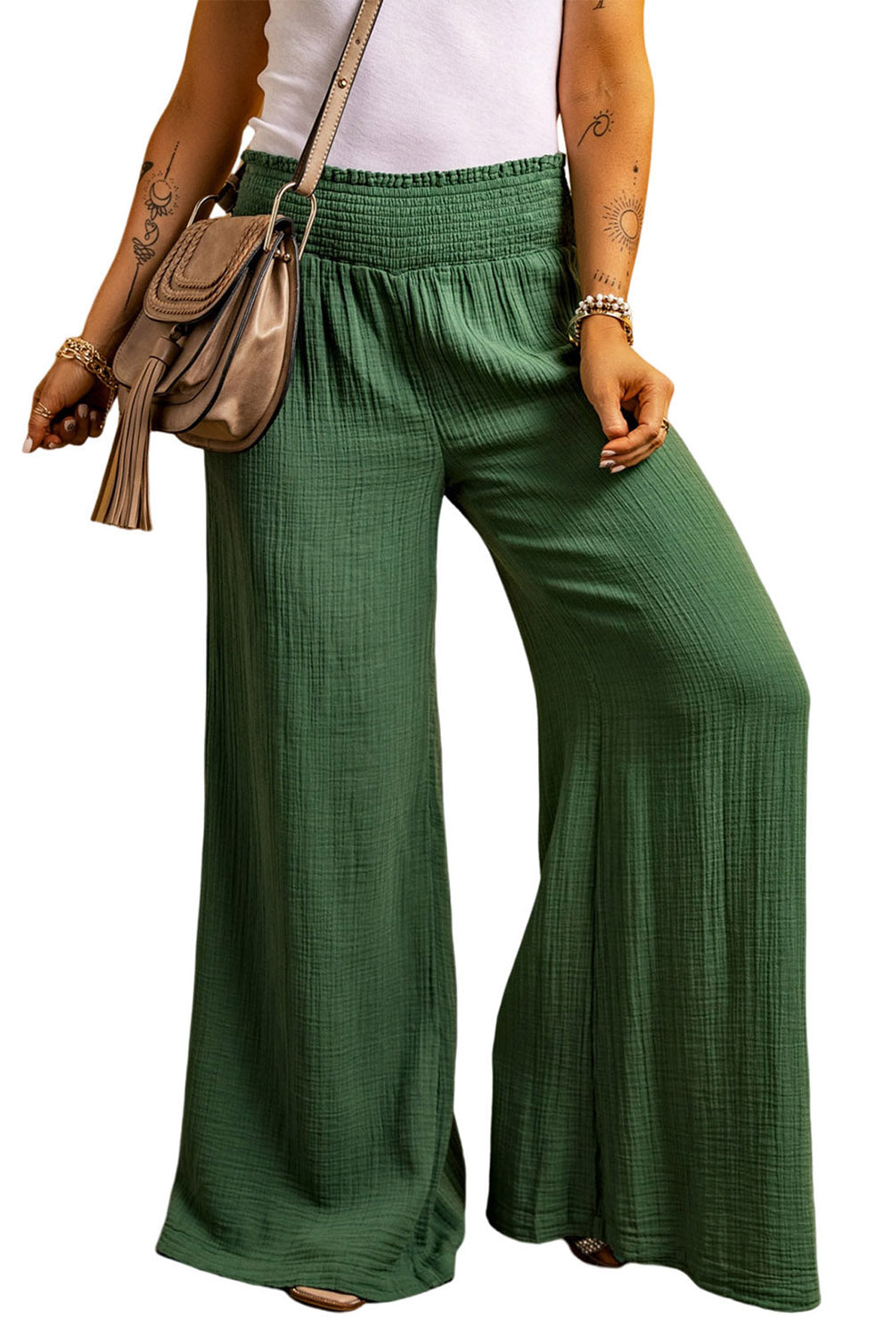 Green Crinkled Smocked High Waist Wide Leg Pants