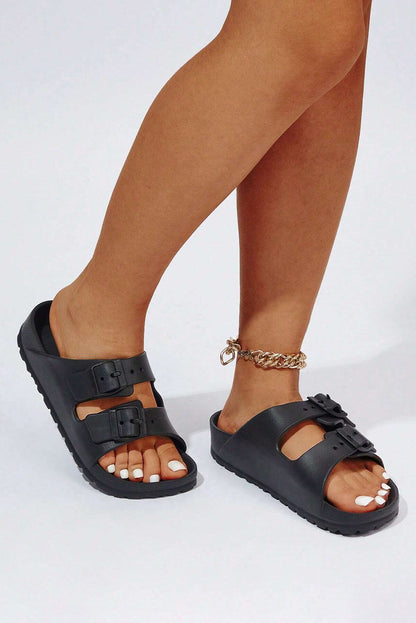 Black Solid Color Buckle Straps Beach Slides Shoes