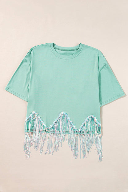 Pink Casual Fringe Sequin Hem Cropped T Shirt