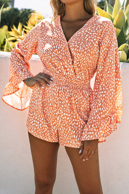 Orange Animal Spotted Print V Neck Flounce Sleeve Romper