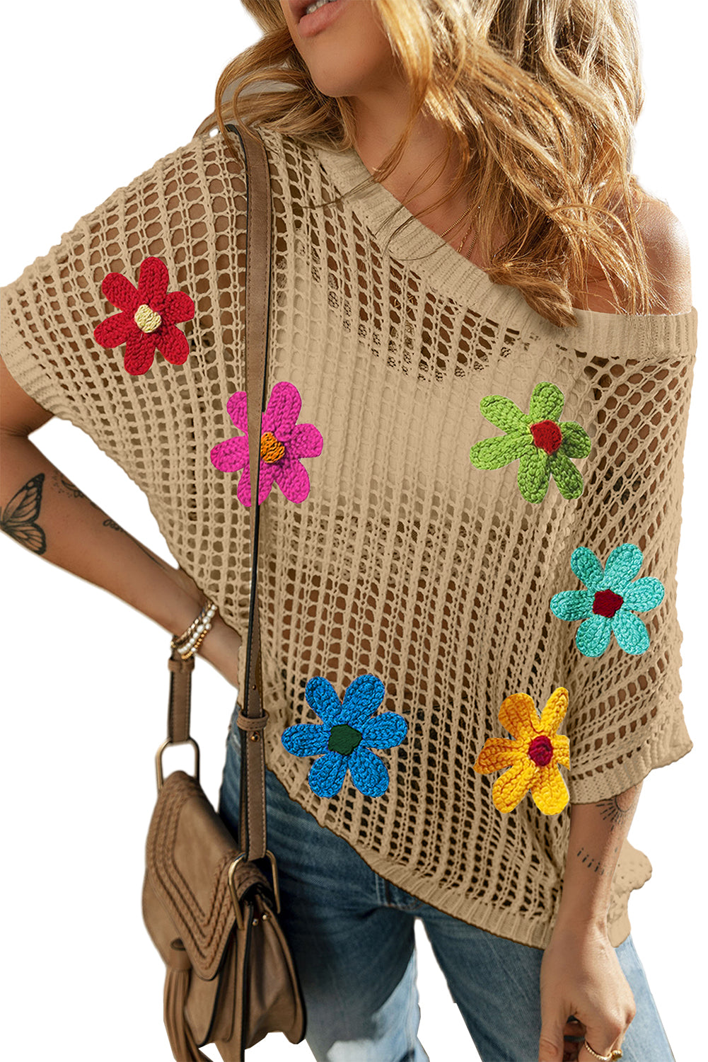 Black Hollowed Crochet Colorful Flower Loose Knit T Shirt