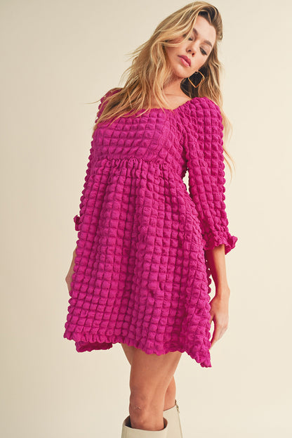 Strawberry Pink Bubble Textured Square Neck Babydoll Dress