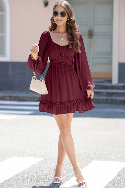 Red Plain Ruched Casual Ruffle High Waist Mini Dress