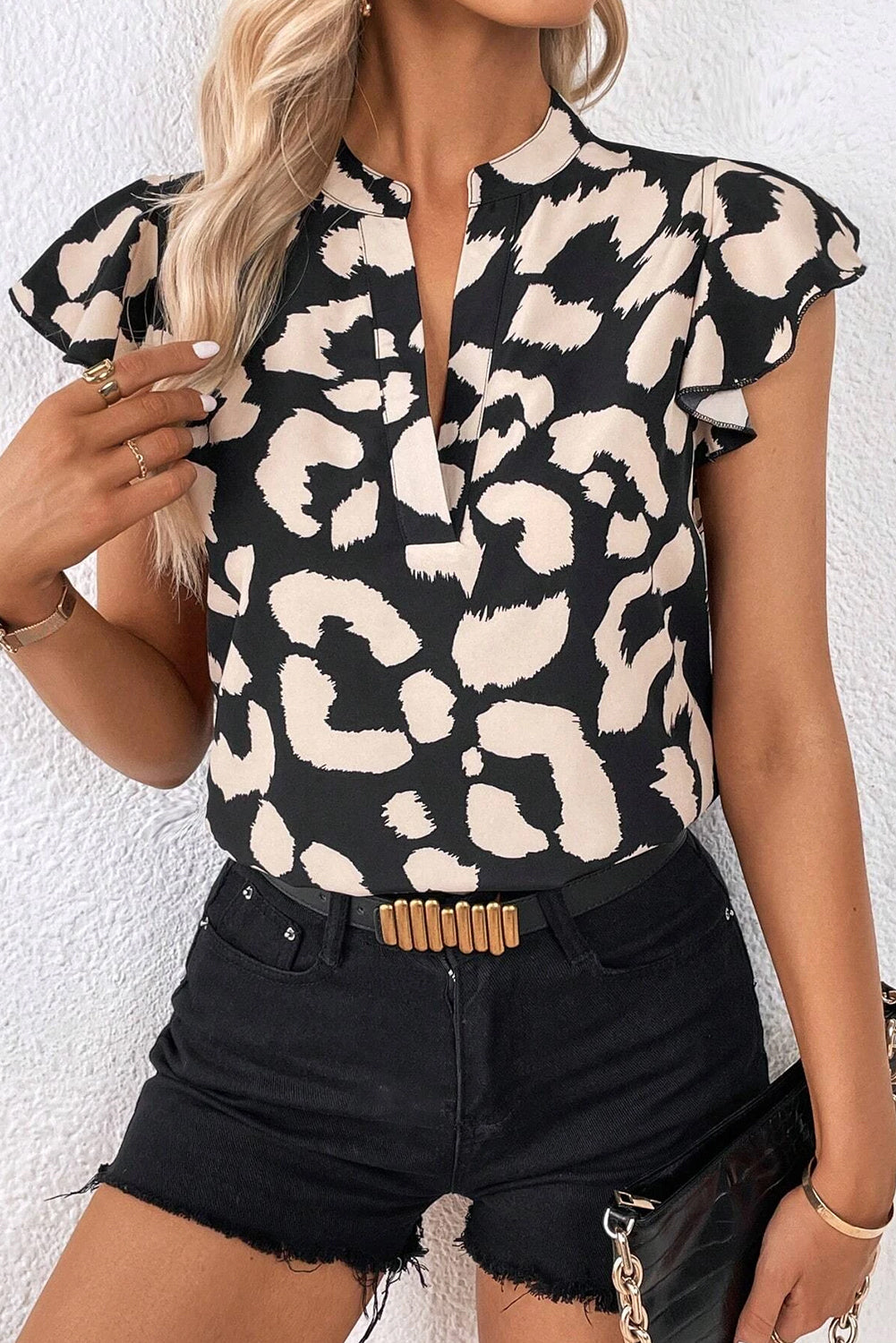 Brown Leopard Print Split Neck Ruffle Flutter Sleeve Blouse