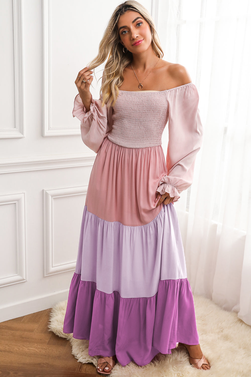 Multicolor Smocked Square Neck Tiered Maxi Dress