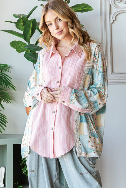 Pink Stripe Floral Patchwork Loose Fit Shirt