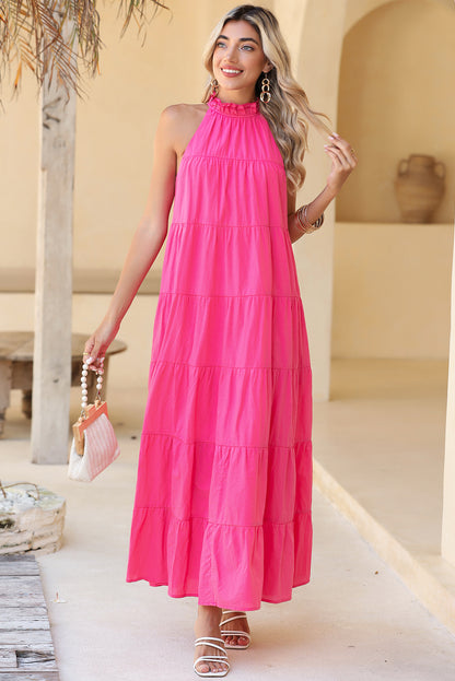 Rose Red Knotted Frill Neck Tiered Flared Maxi Dress