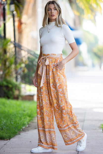 Grapefruit Orange Tie Waist Boho Floral Wide Leg Pants