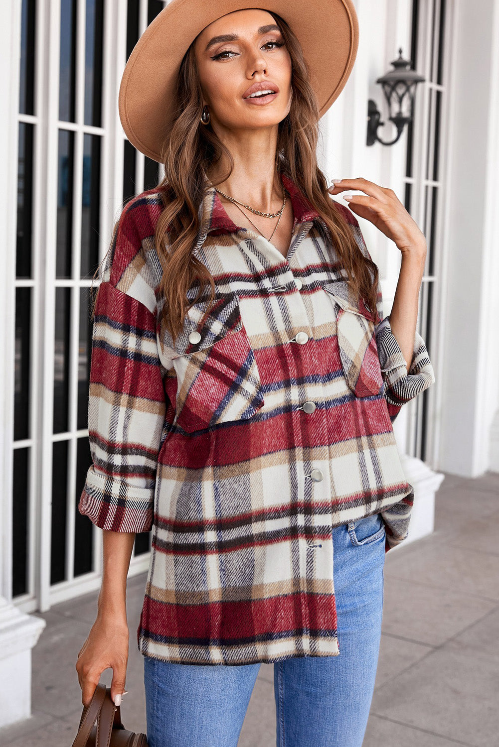 Wholesale Brown Plaid Button Up Long Sleeve Flannel Shacket