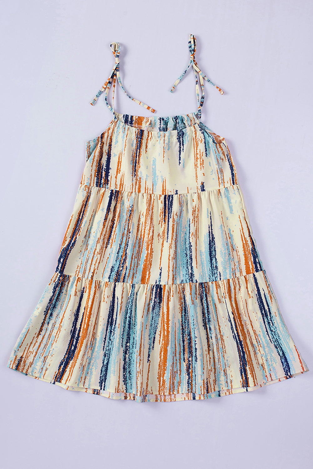 Multicolor Abstract Print Tie Shoulder Spaghetti Strap Tiered Dress