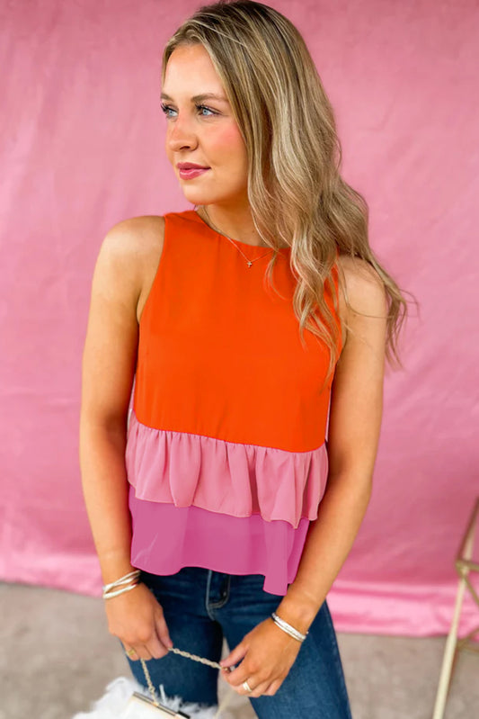 Orange Colorblock Layered Ruffle Sleeveless Blouse