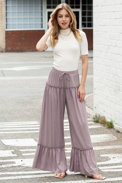 Khaki Frill Detail Drawstring High Waist Wide Leg Pants