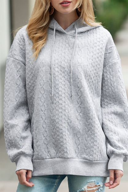 Gray Cable Textured Casual Drawstring Hoodie