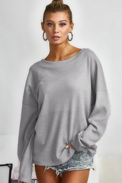 Grey Waffle Knit Cinched Backless Drop Shoulder Long Sleeve Top