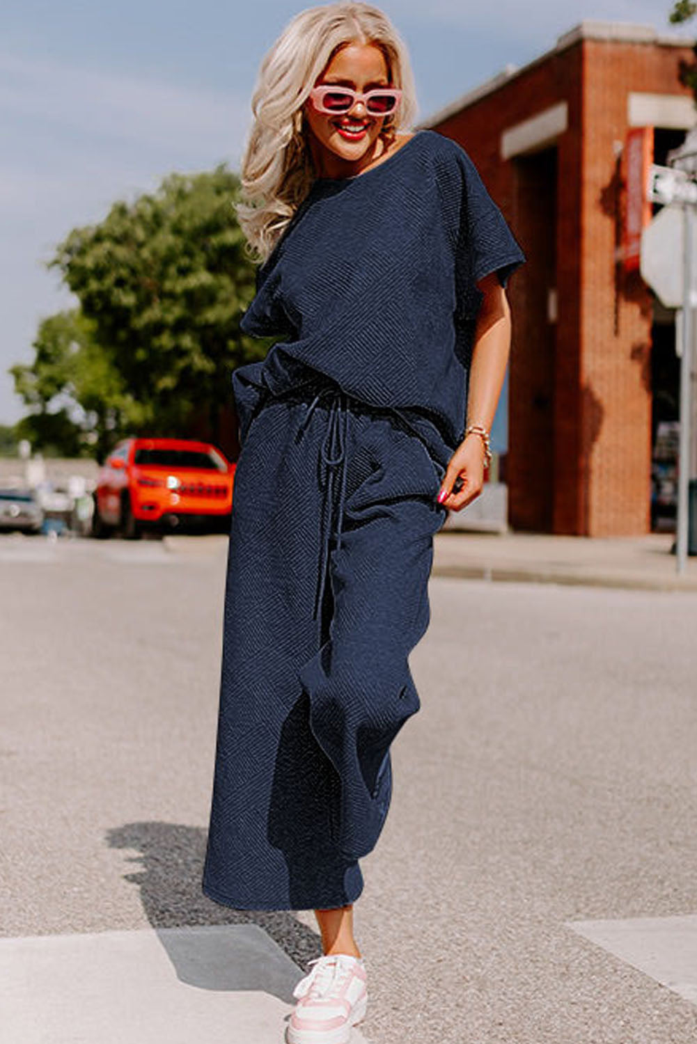 Dark Green Textured Loose Fit T Shirt and Drawstring Pants Set