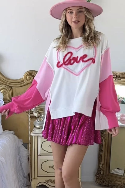 White Tinsel Love Heart Graphic Color Block Sweatshirt