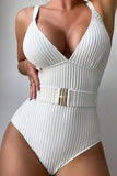 White Ribbed Texture V Neck Cutout One Piece Swimsuit with Belt