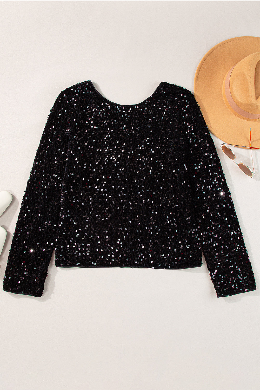 Black Sequin Cutout Back Long Sleeve Top