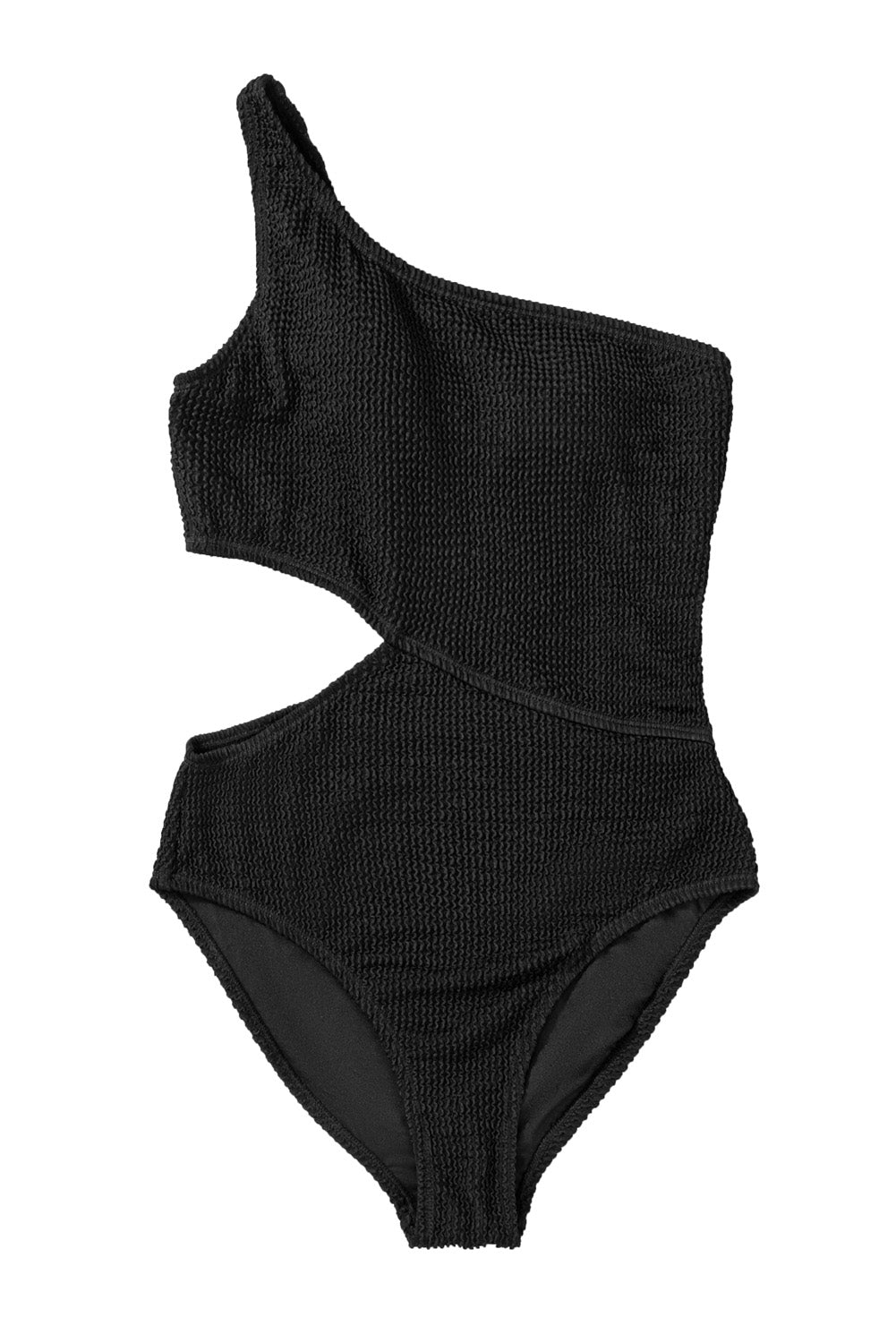 Black Solid Textured Cut Out Asymmetric One Piece Swimsuit