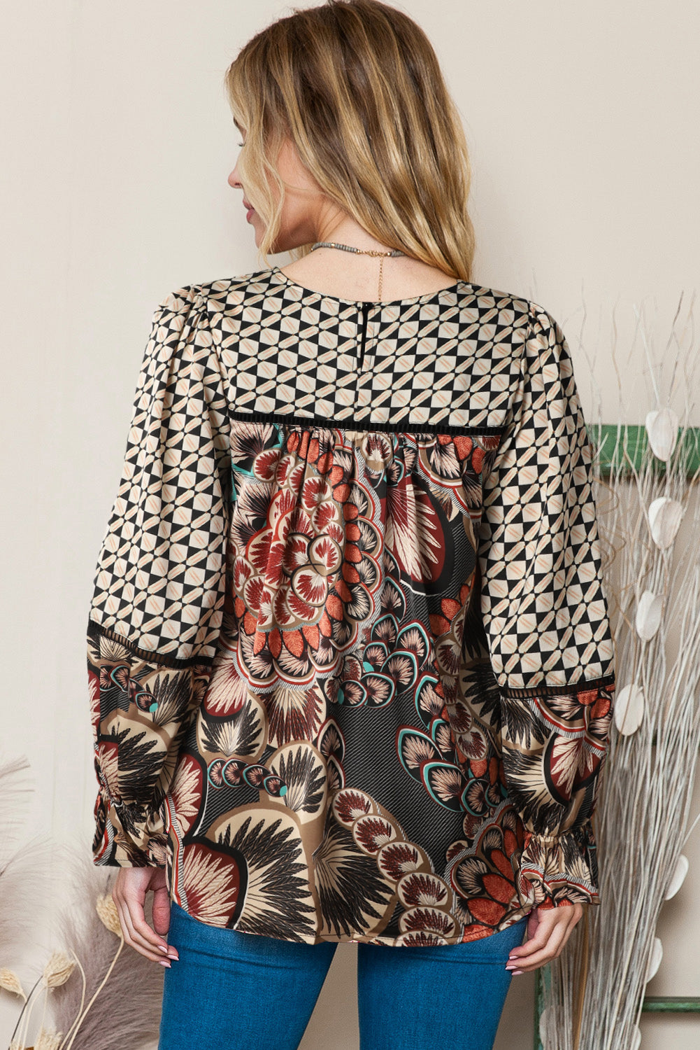 Bohemian Patterned Pullover Long Sleeve Blouse