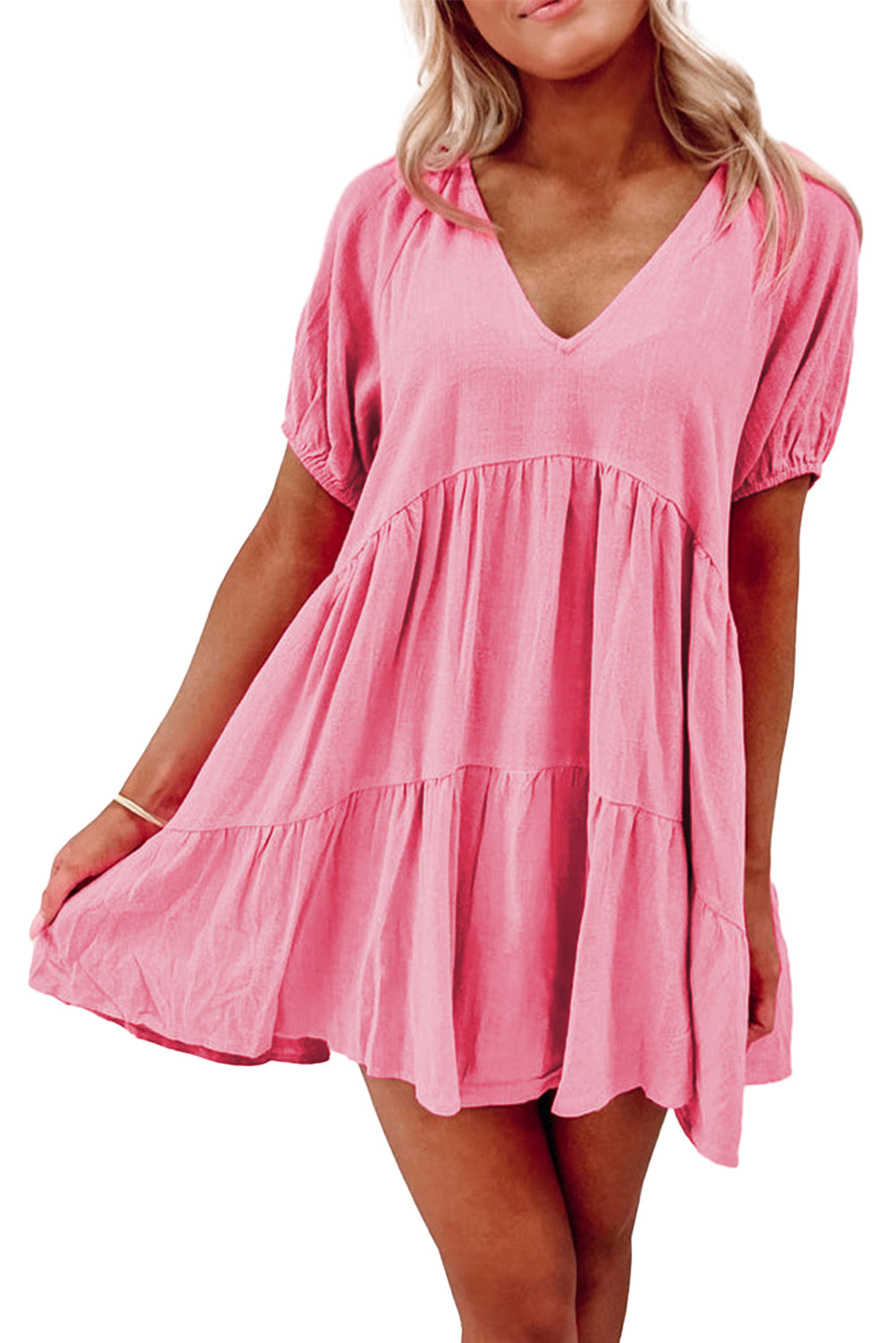 Strawberry Pink Puff Sleeve V Neck Tiered Swing Dress