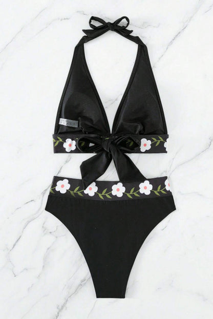 Black Floral Banded Halter Bikini Swimsuit